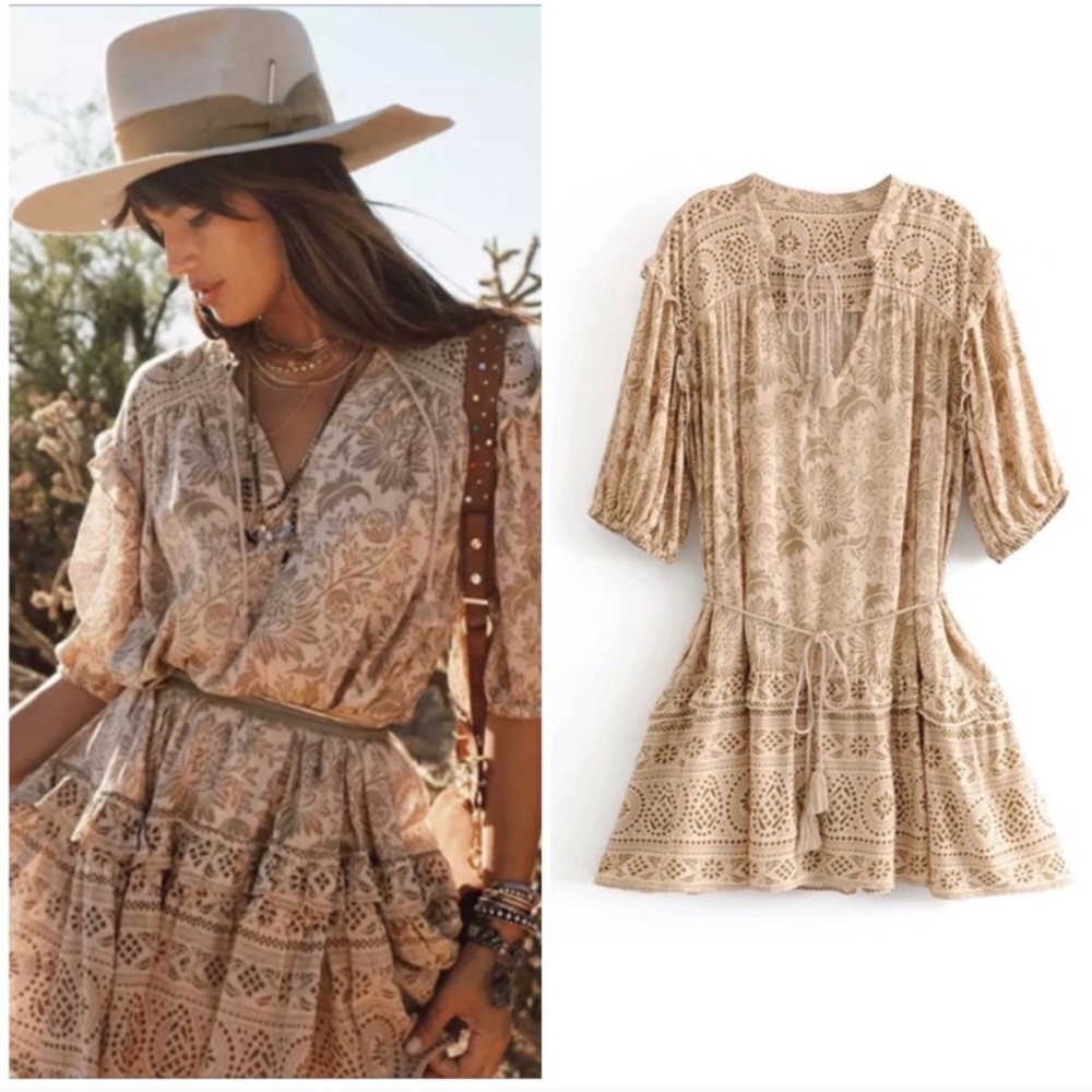 SOLD OUT Khaki Autumn Winds Boho Floral Mini Ruffle Dress - Picture 2 of 5
